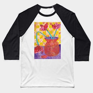 Red tulips in mixed media collage with painted papers Baseball T-Shirt